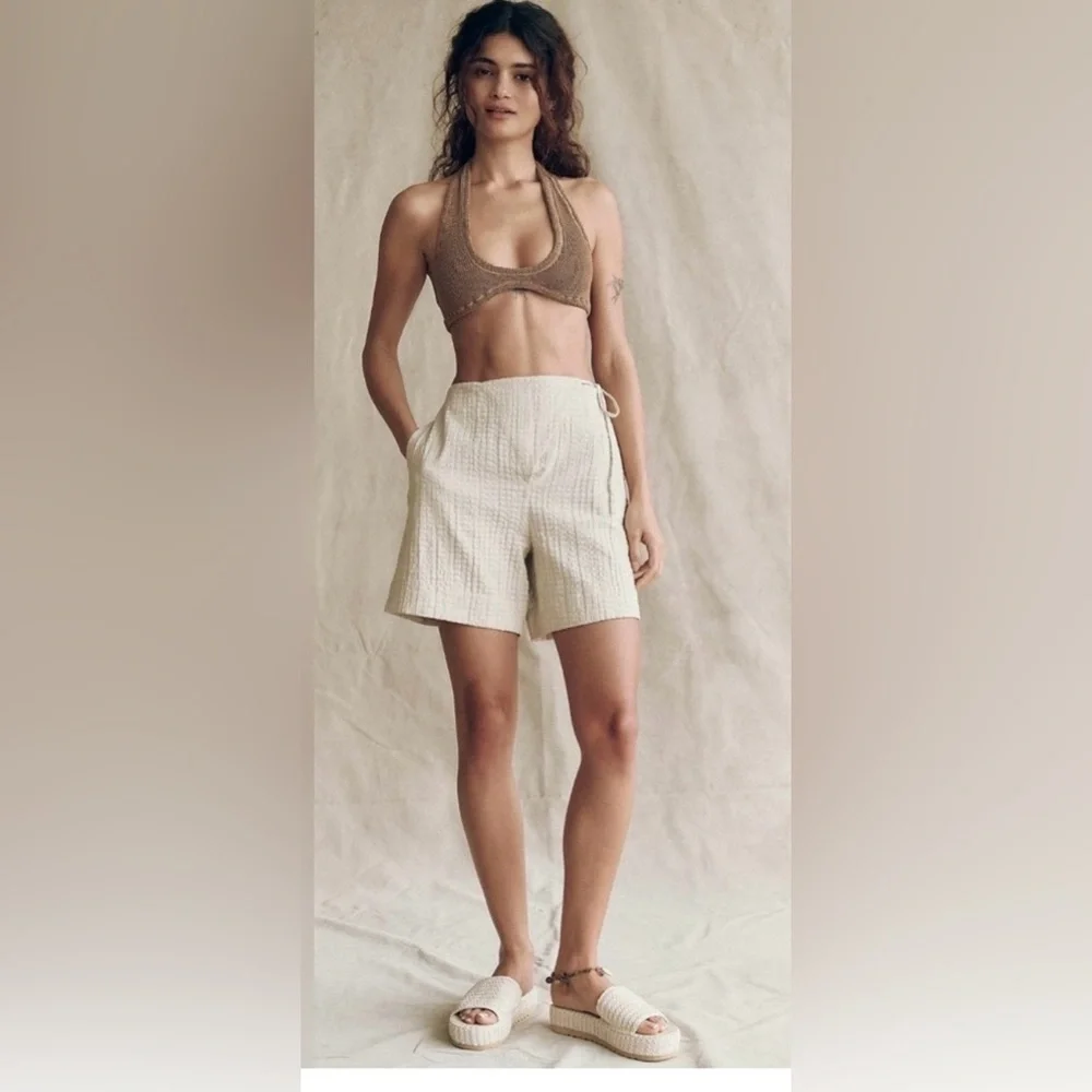 Free People free-est Pucker Check Wrap Shorts Oatmeal 100% Cotton Size L - Picture 3 of 14